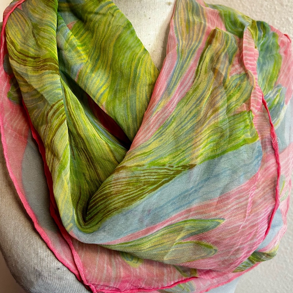 Pink green chiffon scarf tropical print good condition